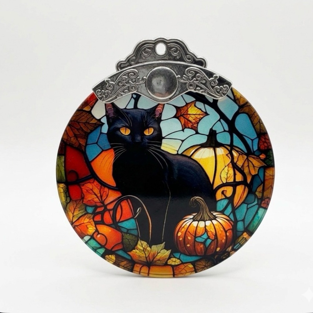Stained Glass Black Cat & Pumpkin Suncatcher/Christmas Ornament